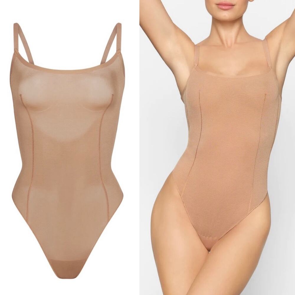 SKIMS Sheer Mesh Sculp Low Back Thong Bodysuit Sienna Nude Shapewear Size 3X NWT